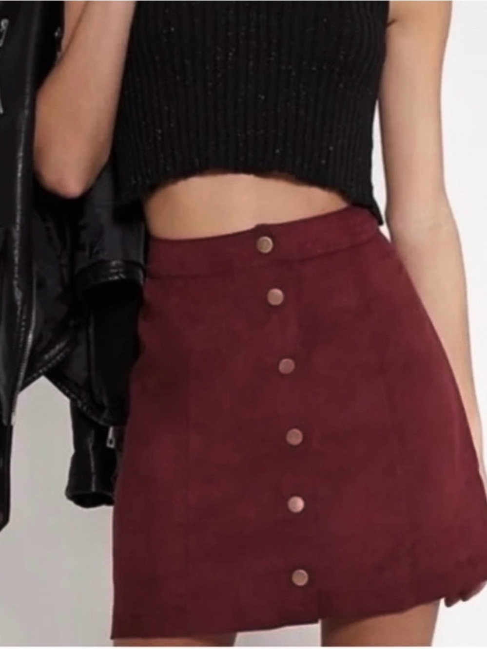 Abercrombie & Fitch Faux Suede Burgundy Mini Skirt, button front/pockets S